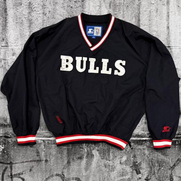 Vintage Chicago Bulls Starter Pullover Jacket  – Medium Black With White Letters - Picture 1 of 6